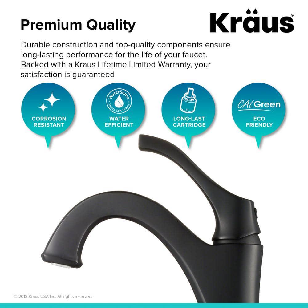 KRAUS Arlo Matte Black Single Handle Basin Bathroom Faucet with Lift Rod Drain and Deck Plate