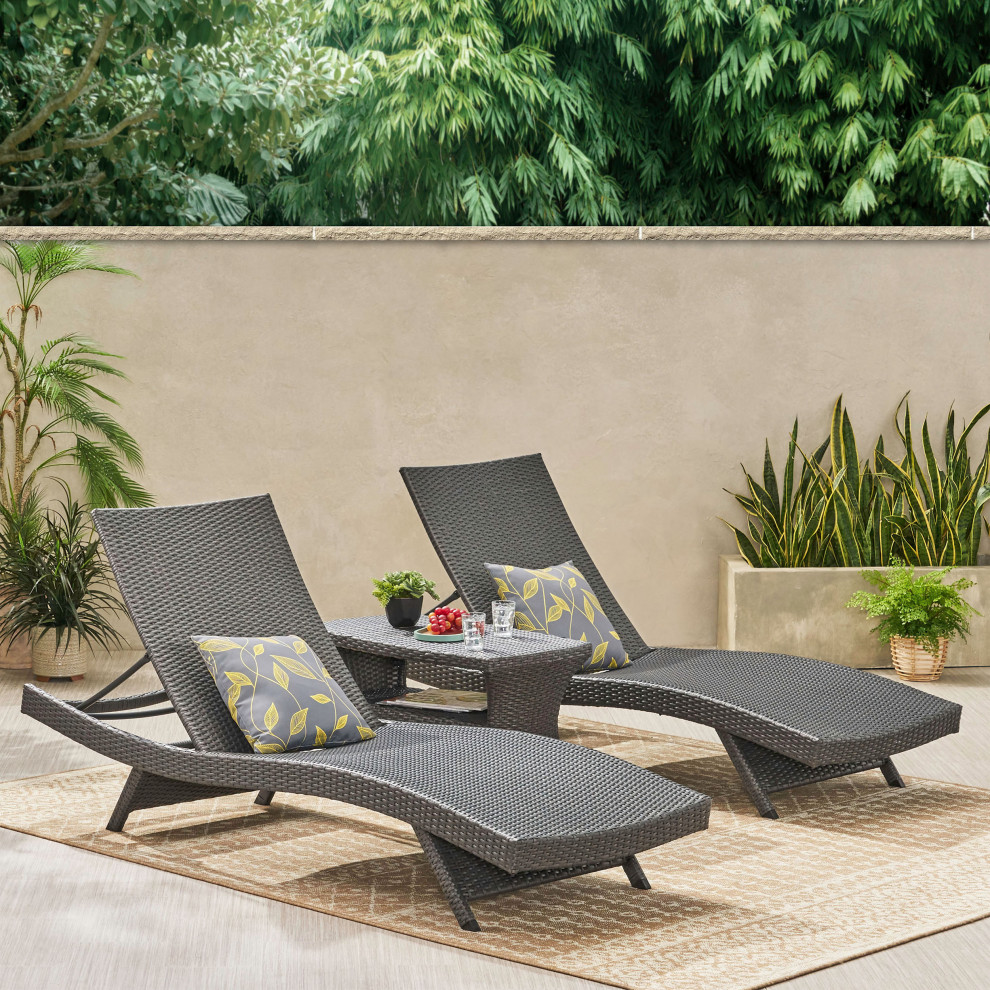 GDF Studio 3 Piece Pocono Outdoor Gray Wicker Chaise Lounge with Table Set   Tropical   Outdoor Lounge Sets   by GDFStudio  Houzz