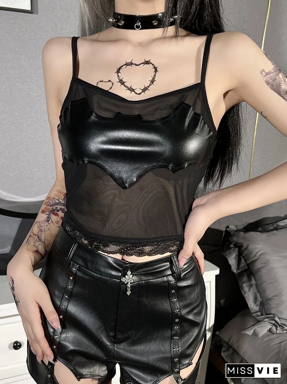 Yangelo Emo Gothic Black Camis See Through Sexy Crop Tops Bat Pattern Graphic Tees Patchwork Women Cyber Y2K Camisole Night Club