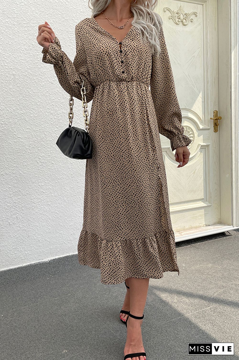 Leopard Button V-neck Long Sleeve Slit Dress Wholesale