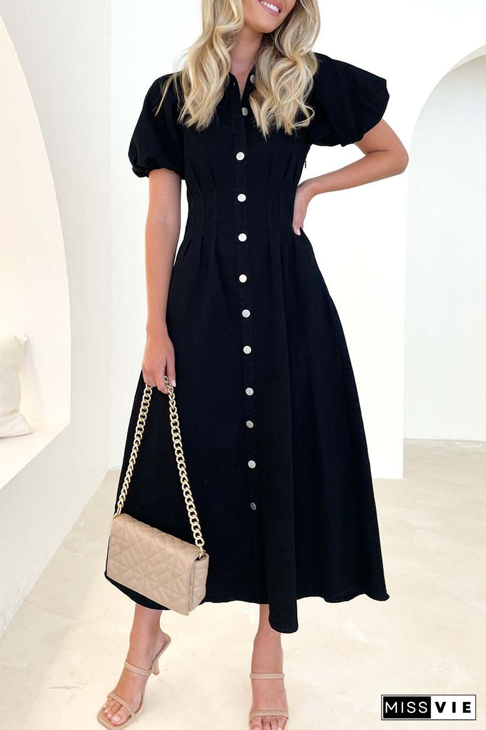 Casual Solid Buckle Turndown Collar A Line Dresses