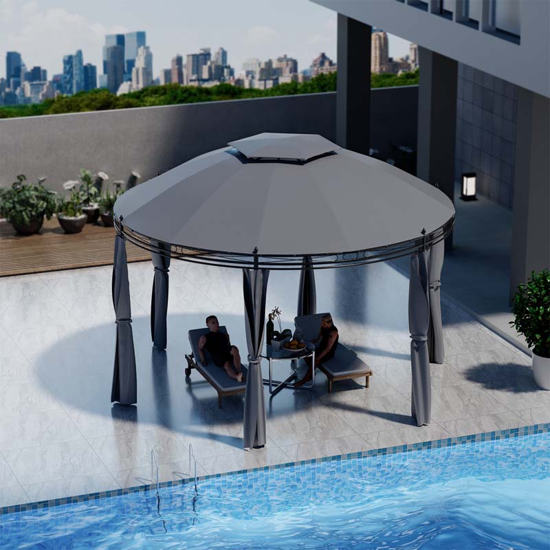 11.5 x 11.5 FT 2-Tier Steel Dome Round Gazebo Outdoor Patio Canopy Tent with Removable Curtains