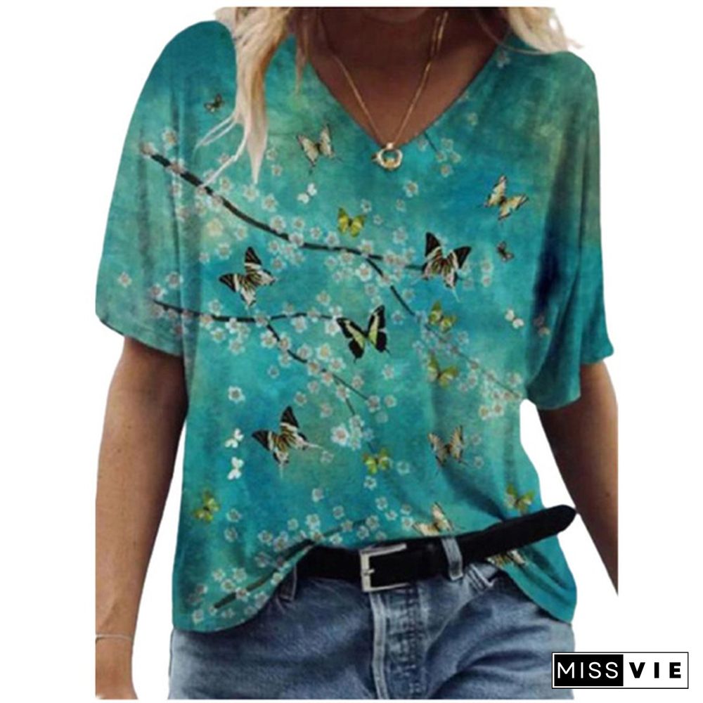 Women 3D Flower Print T Shirt Abstract Top Summer New Fashion Street Casual V-Neck Loose Tee Oversized Ladies Cotton Tops Plus Size XS-8XL