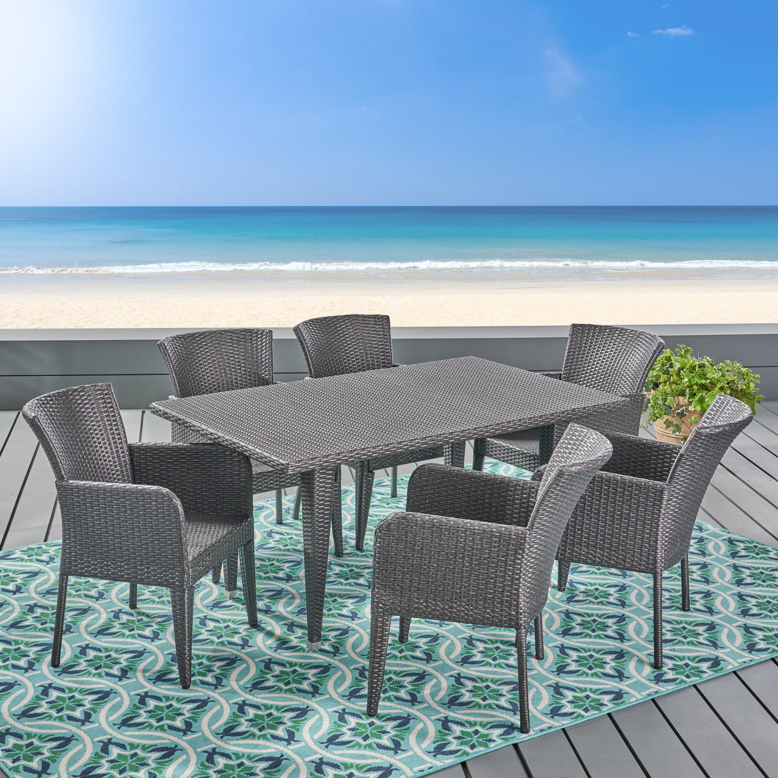 Hans Outdoor 7 Piece Wicker Dining Set, Grey