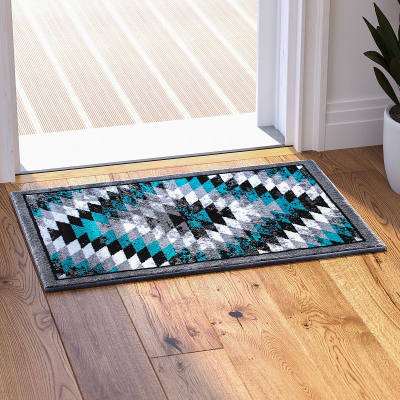 Masada Rugs Masada Rugs Stephanie Collection 2'x3' Area Rug Mat with Distressed Southwest Native American Design 1106 in Turquoise， Gray， Black and White