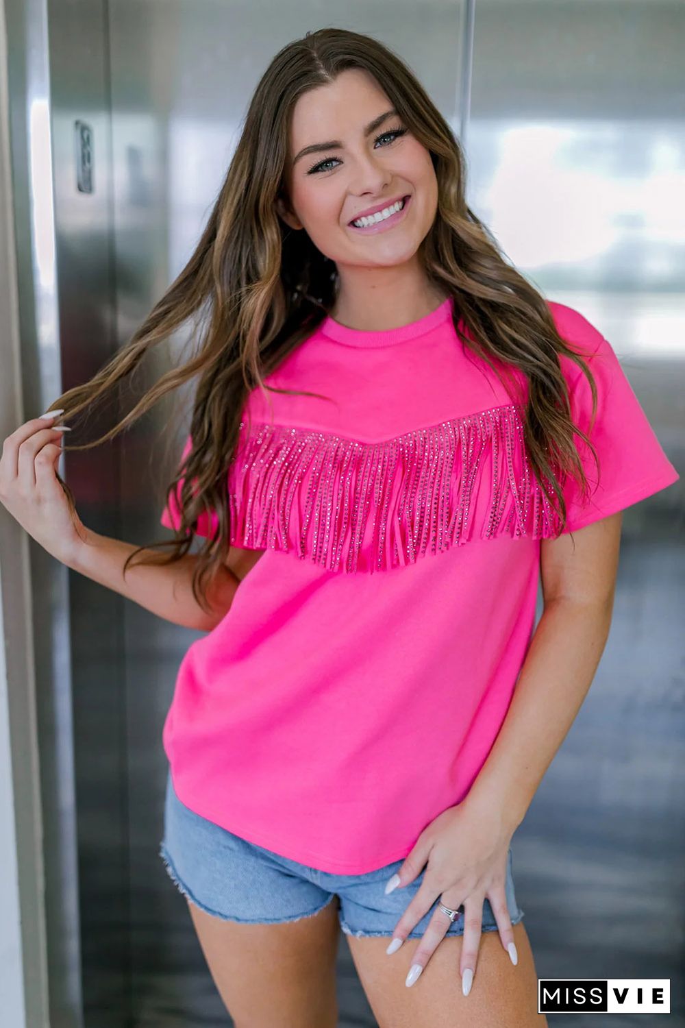 Rose Rhinestone Fringed Short Sleeve T-shirt