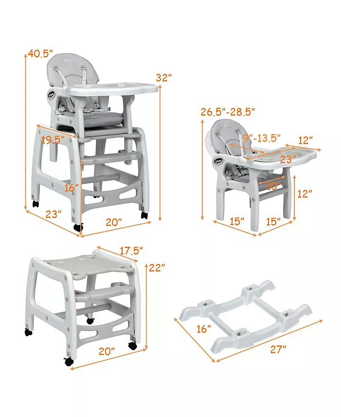 Costway 3 in 1 Baby High Chair Adjustable Seat Back and Removable Trays