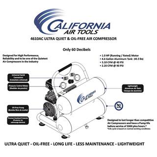 California Air Tools 4610AC Ultra Quiet and Oil-Free 1.0 Hp 4.6 Gal. Aluminum Twin Tank Electric Portable Air Compressor CAT-4610AC