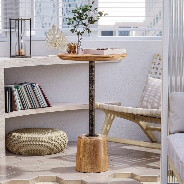 COZAYH Farmhouse Pedestal End table， Rustic Wood Drink Table with Base， Round Martini Table for Small Space Living Room