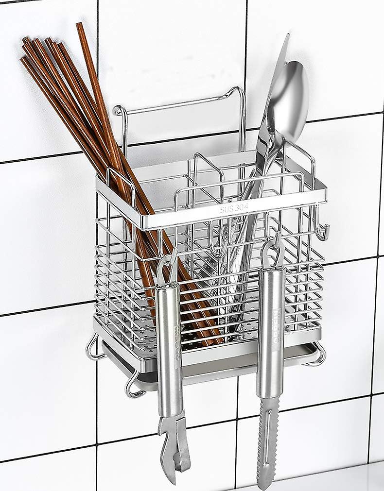 Sturdy 304 Stainless Steel Utensil Drying Rack， Basket Holder With Hooks 2 Compartments Draining Basket， Rust Proof， No Drilling，kitchen Dish Drainer