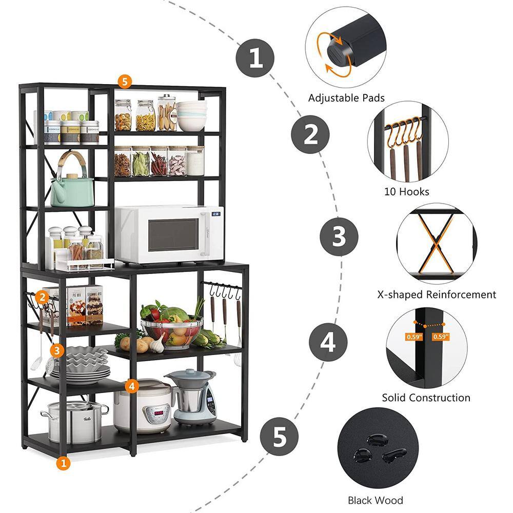 TRIBESIGNS WAY TO ORIGIN Bachel Black Kitchen Baker's Rack with Hutch and 10-S-Shaped Hooks HD-ZYJW0187