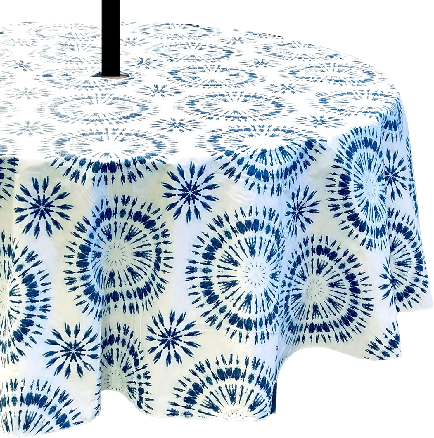 Elrene Summer Tie Dye Vinyl Tablecloths: Patio Table Umbrella Table Cover with Hole and Zipper, 52" x 70" Diameter Round (Blue, White)