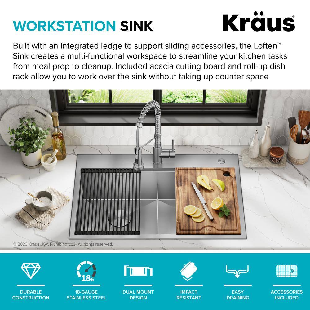 KRAUS Loften 33 in. Drop-inUndermount Double Bowl Stainless Steel Kitchen Workstation Sink with Accessories KWT302-3318