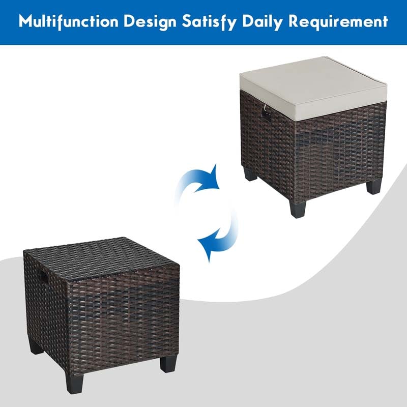 2 Pcs Rattan Patio Ottoman Set with Removable Cushions, All Weather Wicker Outdoor Footstool Footrest Seat