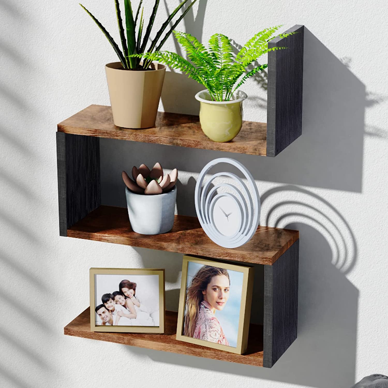 NiHome Floating Wall Shelves 3-Pack, Hanging Corner Shelves, Rustic Wood Book Shelves, Corner Bookshelf for Bedroom, Living Room, Bathroom, Wall Mounted Decor (Black & Brown)