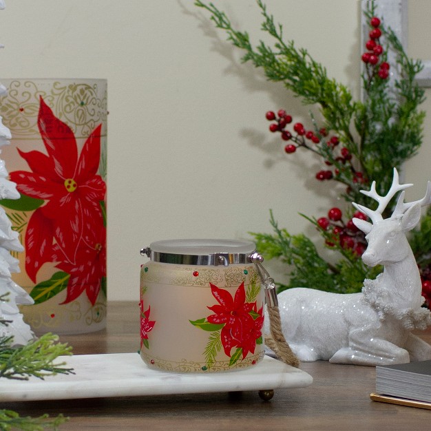 Hand painted Red Poinsettias And Gold Flameless Glass Christmas Candle Holder