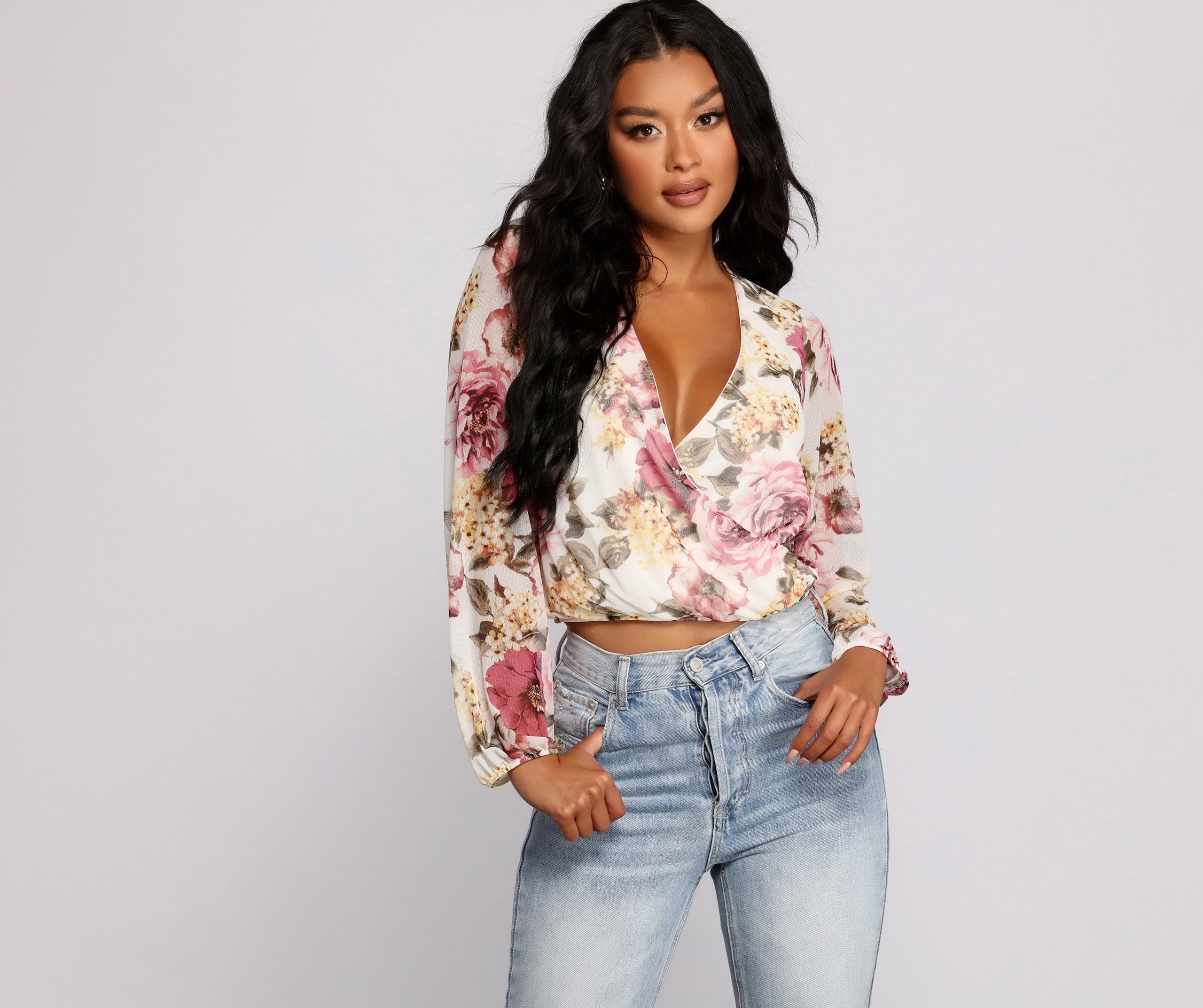 Floral Rush Surplice Mesh Top