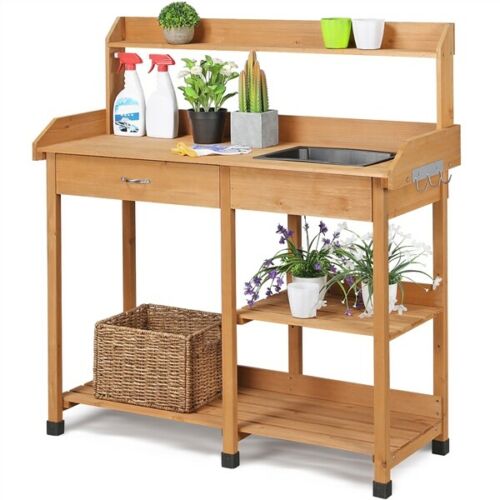 Garden Potting Bench Table Workstation Work Bench Planting Desk Natural Fir Wood