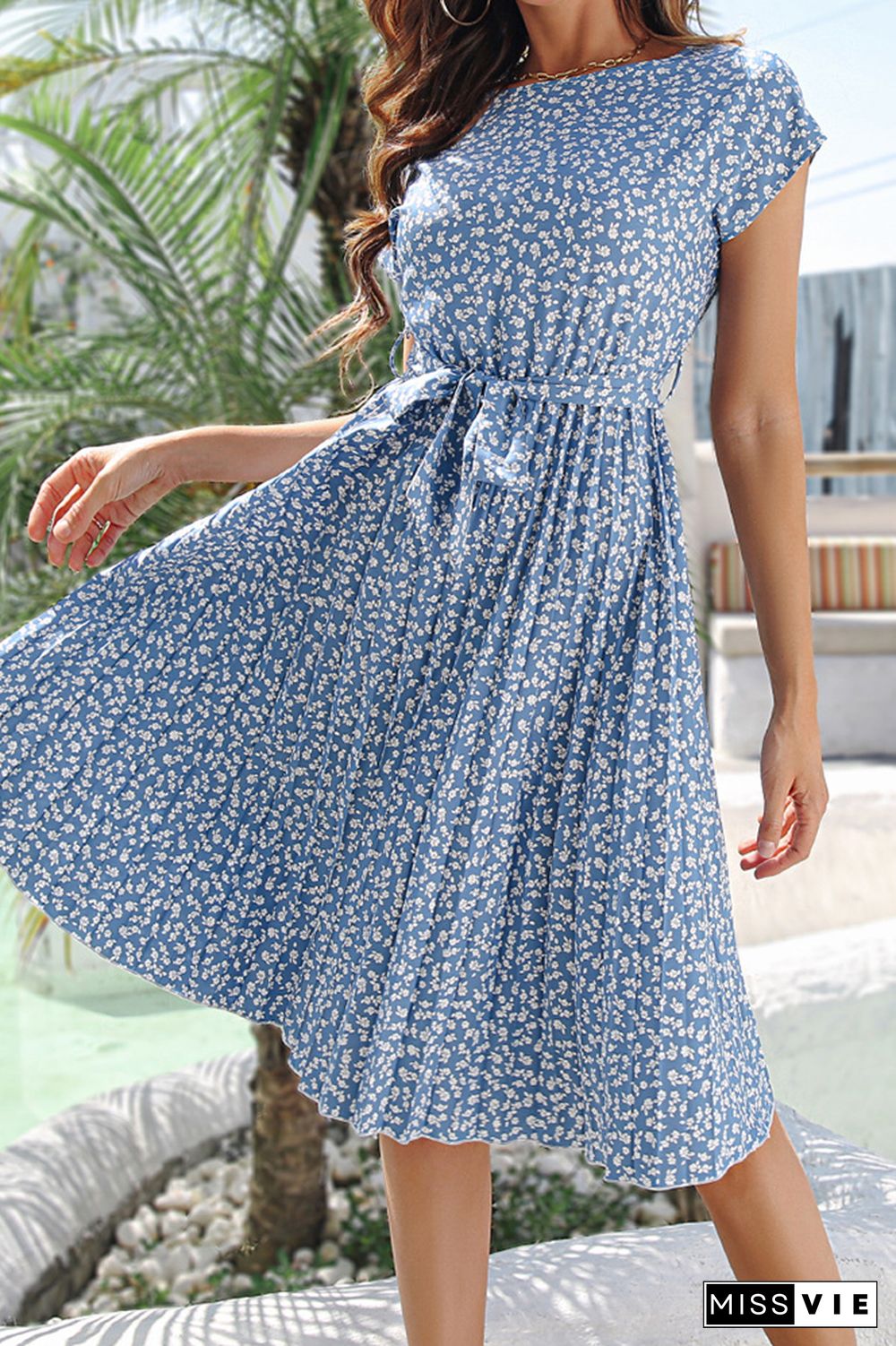 Floral Short Sleeve Dress With Sashes Wholesale