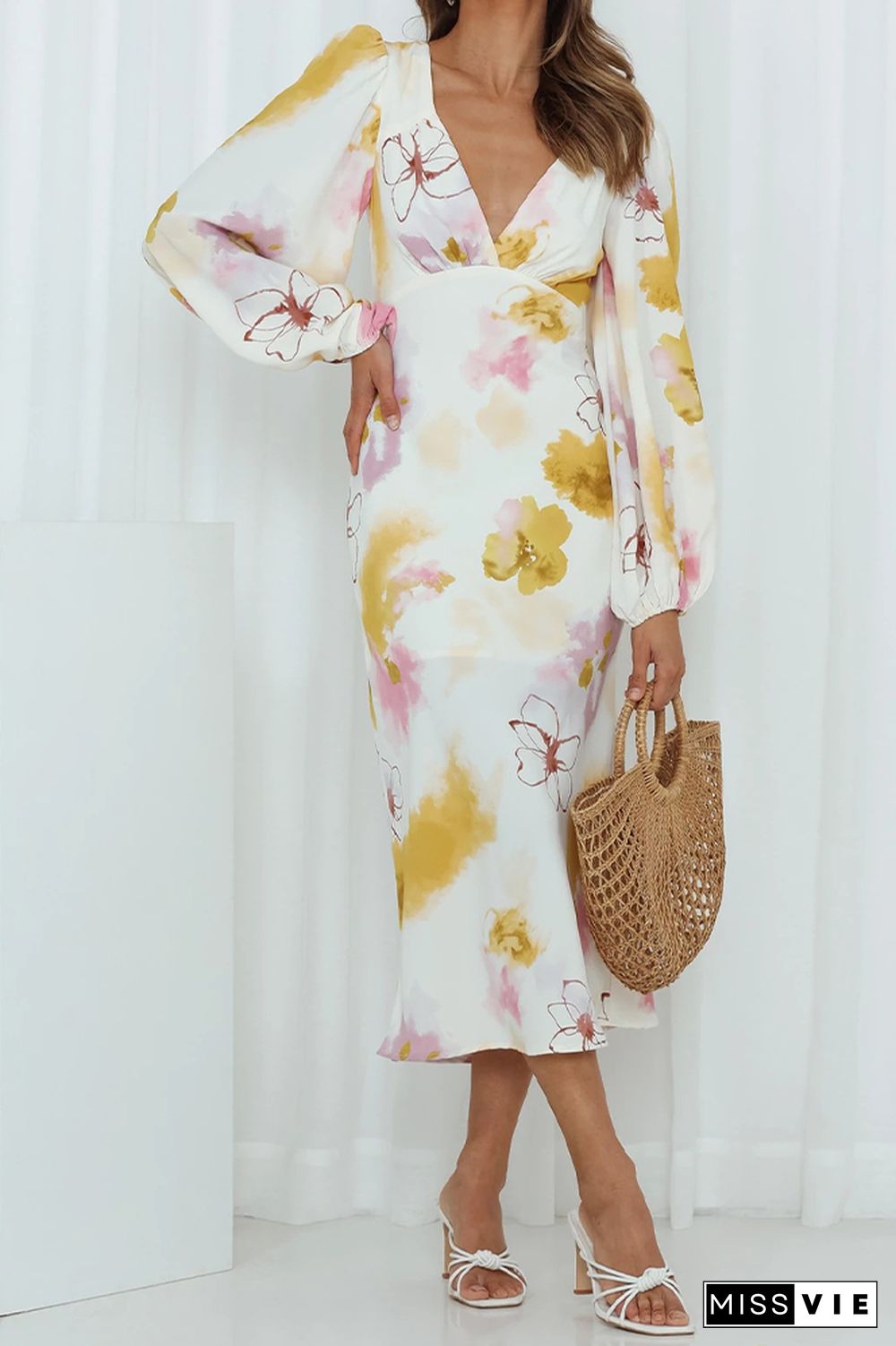 V Neck Lantern Sleeves High Waist Floral Dress