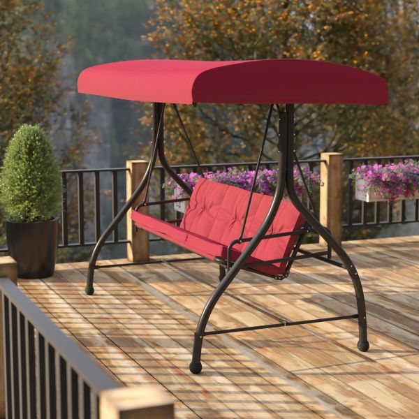 Tellis 3-Seat Outdoor Steel Converting Patio Swing Canopy Hammock with Cushions / Outdoor Swing Bed (Maroon)