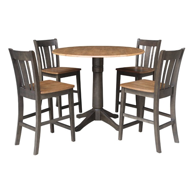 Round Dual Drop Leaf Counter Height Dining Table With 4 Splat Back Stools Hickory washed Coal International Concepts