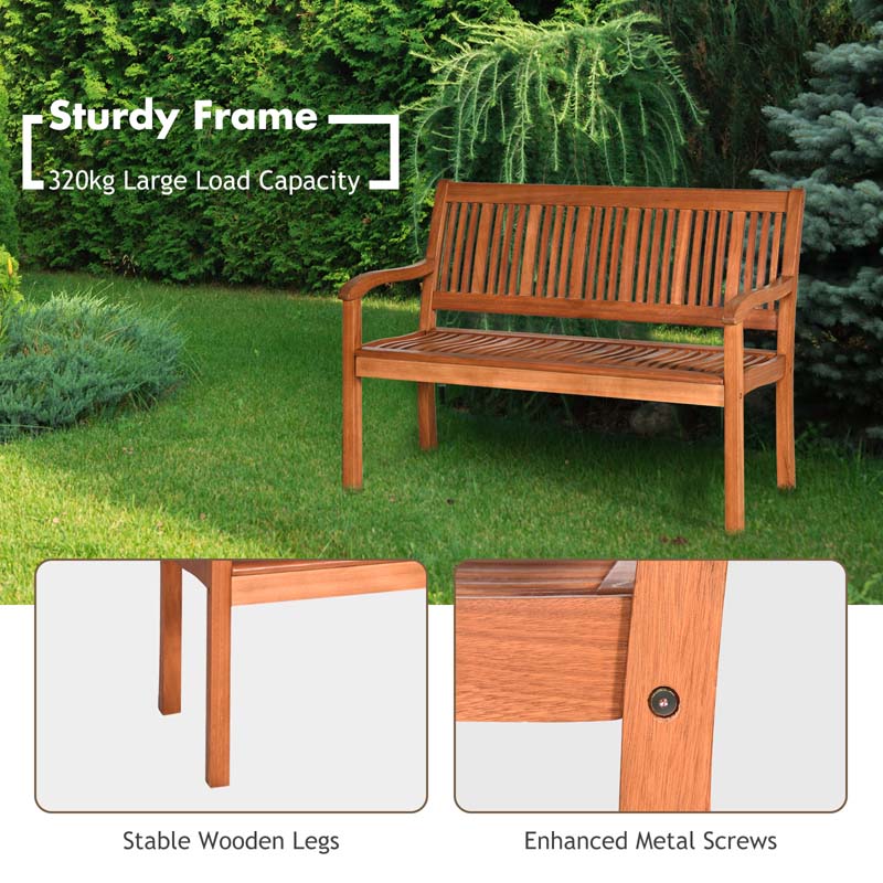 2-Person Eucalyptus Wood Garden Bench Outdoor Park Patio Large Loveseat Chair with Curved Backrest & Wide Armrest