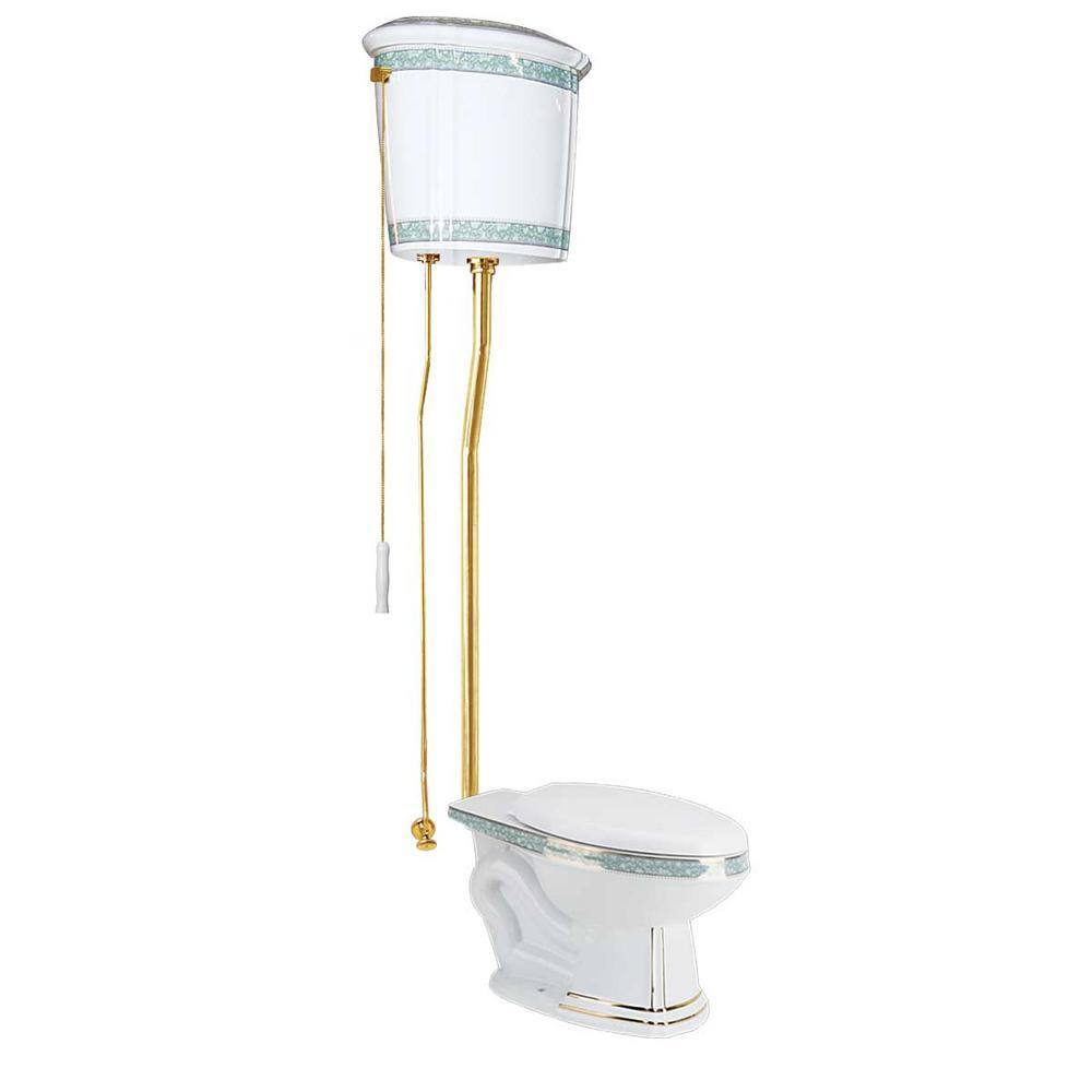 RENOVATORS SUPPLY MANUFACTURING India Reserve High Tank Toilet Single Flush Elongated Bowl in White and Green with Tank and Brass Rear Entry Pipes 17800