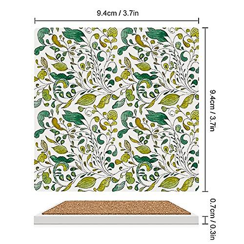 Colourlife Square Drink Coasters 1 Pcs Watercolor Pattern Of Leaves Absorbent Ceramic Coffee Coasters For Drinks With Cork Base Housewarming Gift For