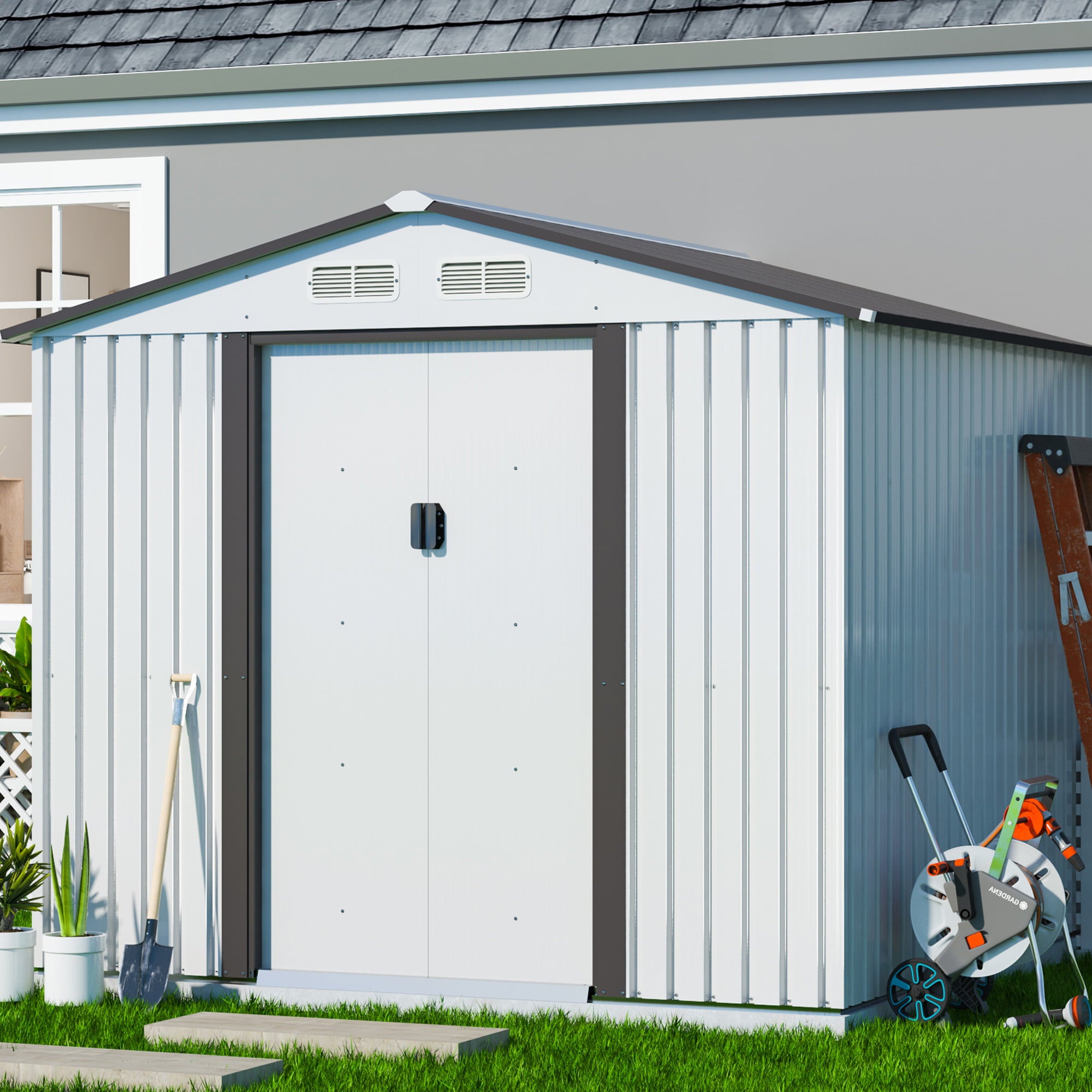 Jaxpety 8' x 8' Outdoor Storage Shed Steel Garden Utility Tool Backyard Building Garage