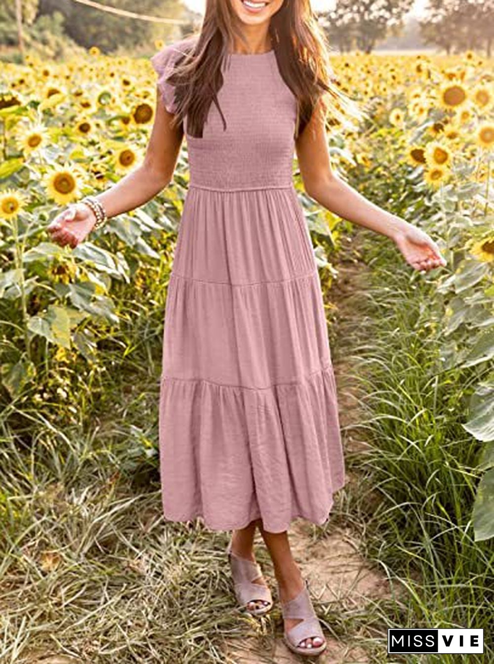 Solid Color Round Neck Cap Sleeve Loose Maxi Dress