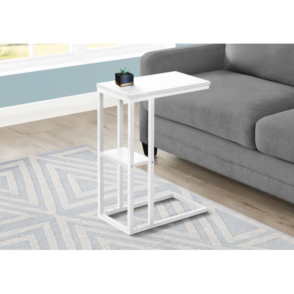 Accent Table， C-shaped， End， Side， Snack， Living Room， Bedroom， White Laminate， White Metal， Contemporary， Modern