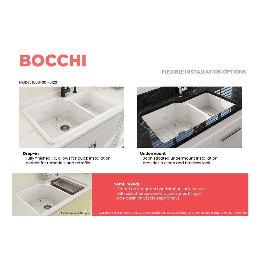 BOCCHI Sotto White Fireclay 33 in. 6040 Double Bowl Dual-Mount Kitchen Sink w Protective Bottom Grids and Strainers 1506-001-0120