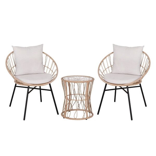 Indoor/Outdoor Rattan Rope Bistro Set，Glass Top Table and Cushions