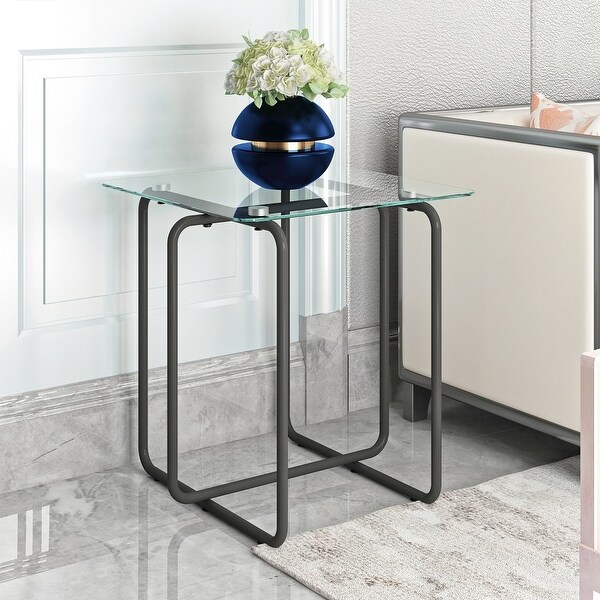 Modern Style Square Side Table with Glass Tabletop and Metal Legs