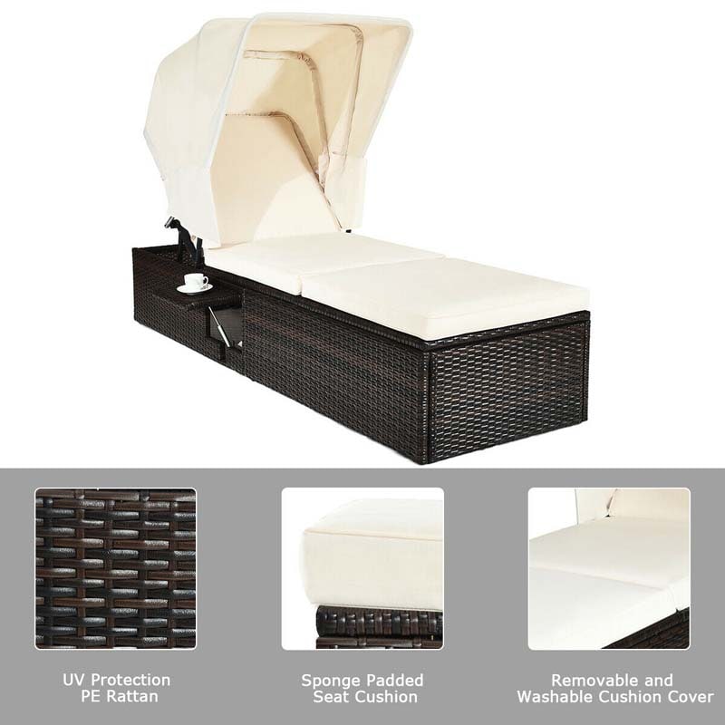 Cushioned Rattan Outdoor Chaise Lounge Chair Sun Lounger 5-Position with Folding Canopy & Flip-up Tea Table