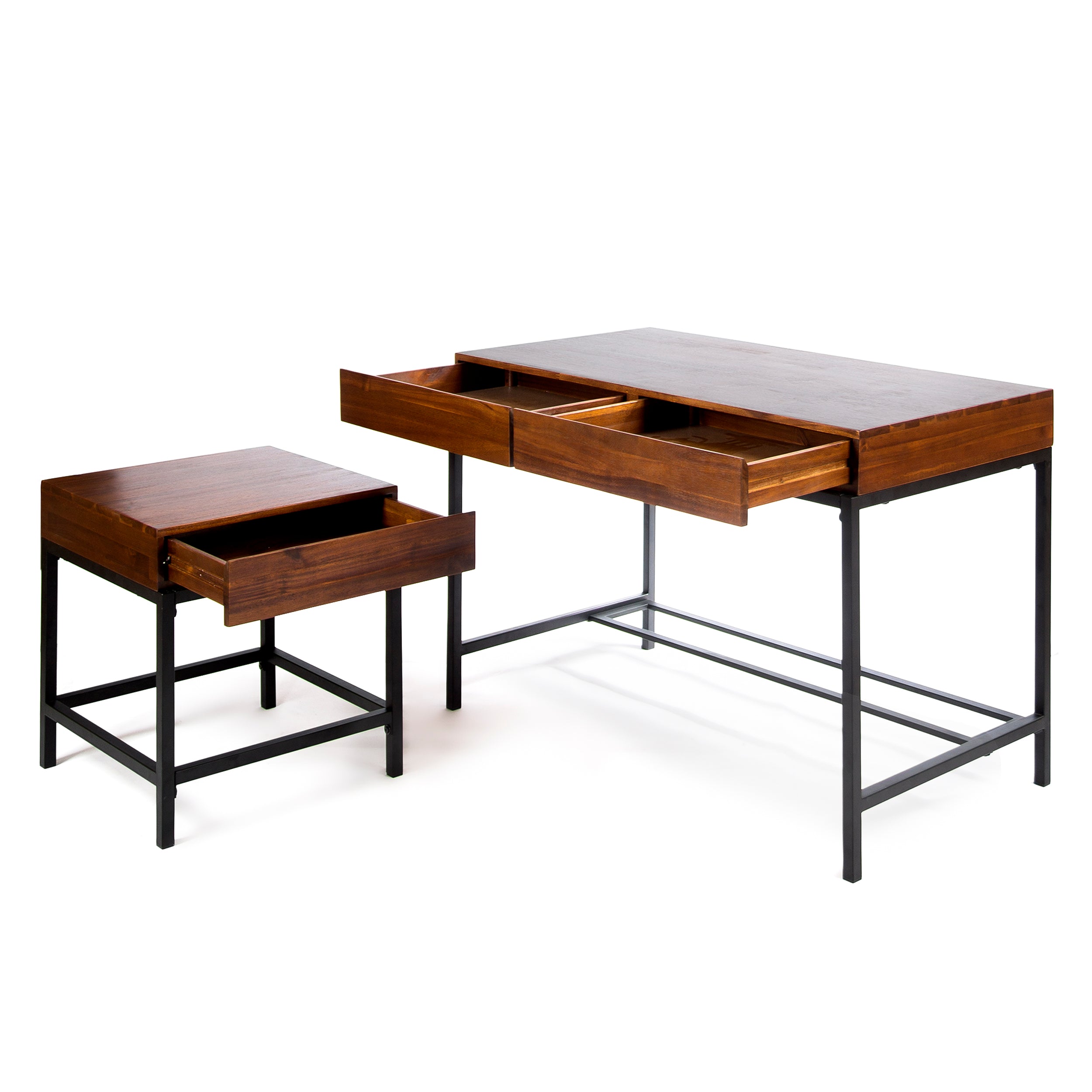 Elrod Industrial Dark Oak Acacia Wood Storage Side Table and Desk Set