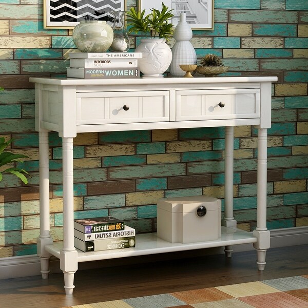 Traditional Console Table with Two Drawers， Sofa Table with Bottom Shelf