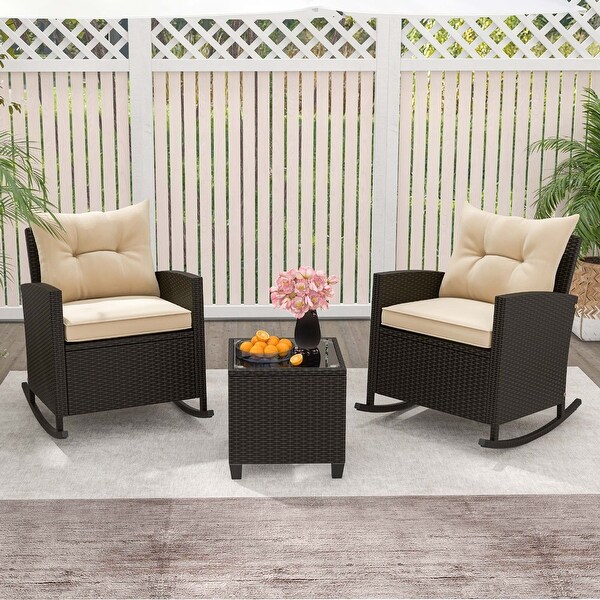 Costway 3 PCS Patio Wicker Rocking Set with Tempered Glass Table and