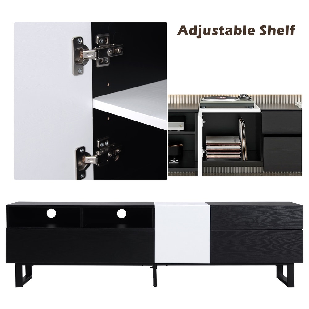 Contemporary TV Stand for 80 inch TVs   Double Storage Space  Modern Minimalist Style  Drop Down Doors  Cable Management