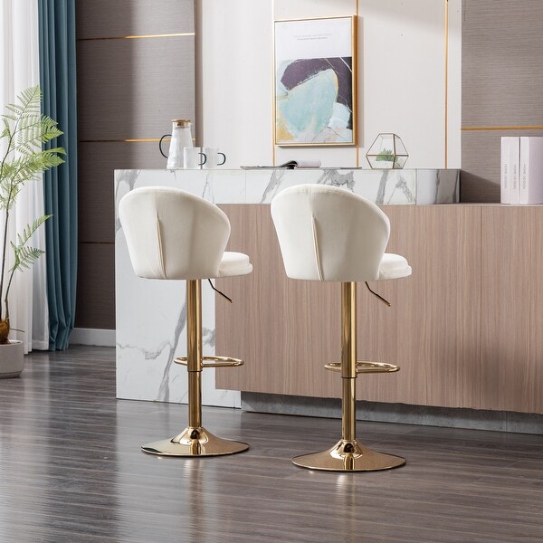 Modern Bar Stools Set of 2 Adjustable Mechanical Lifting Velvet and Golden Leg Bar Stool， Chrome Footrest and Base Swivel Height