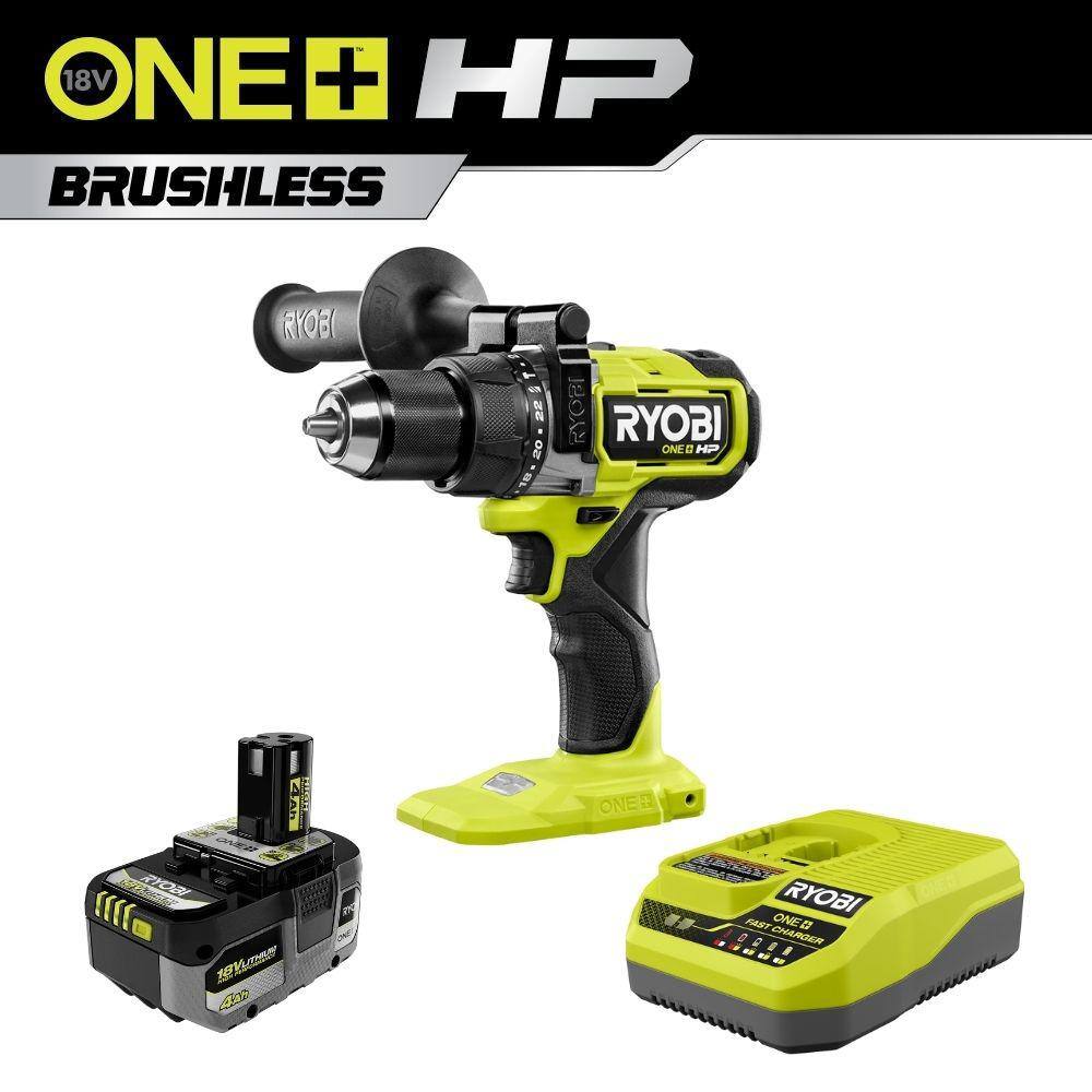 RYOBI ONE+ HP 18V Brushless Cordless 12 in. Hammer Drill w FREE 4.0 Ah HIGH PERFORMANCE Battery  Charger PBLHM101B-PSK014