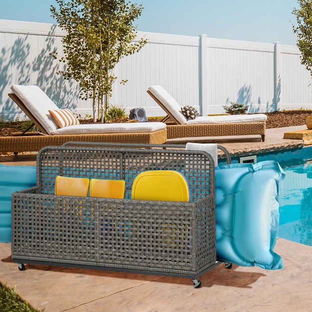 Outsunny Wheeled Patio Wicker Pool Float Storage Pool Caddy W Compartment amp Basket