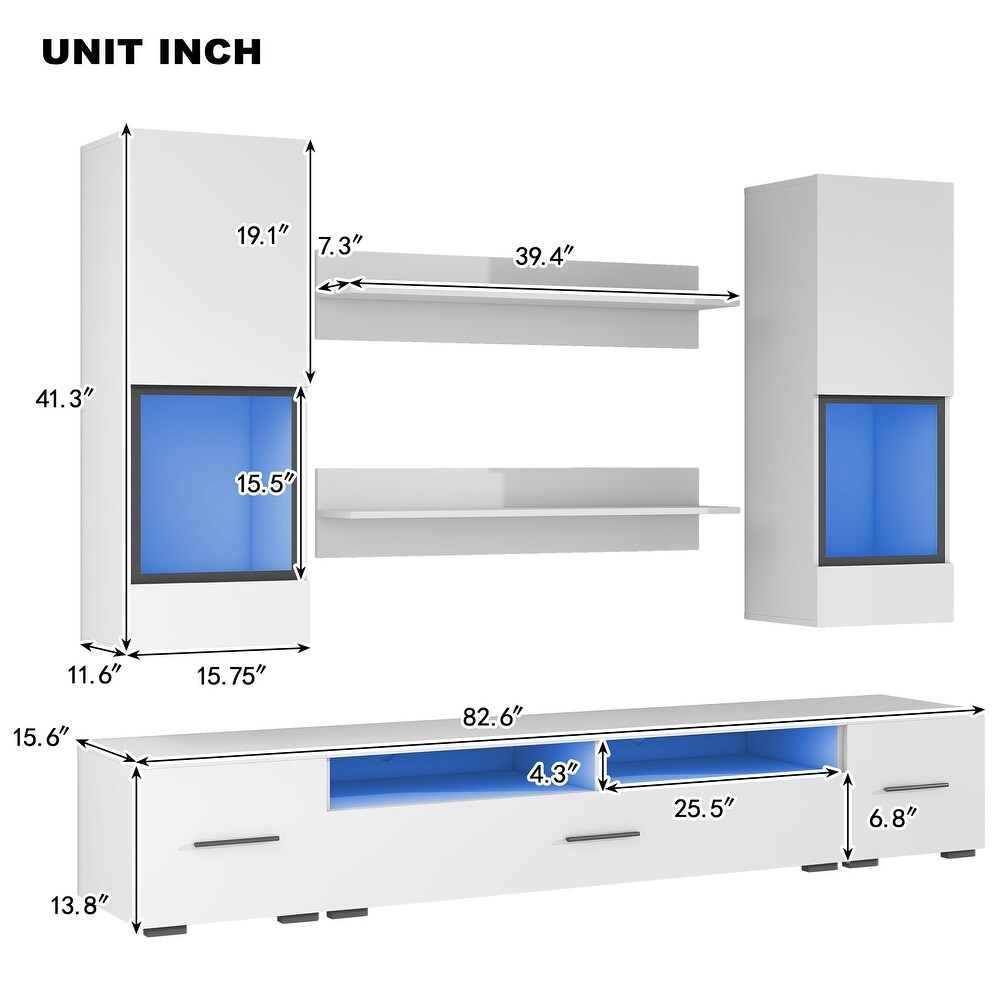 Modern TV Stand with LED Light 7 Pieces Floating TV Stand Set High Gloss Wall Mounted Entertainment Center for 90\