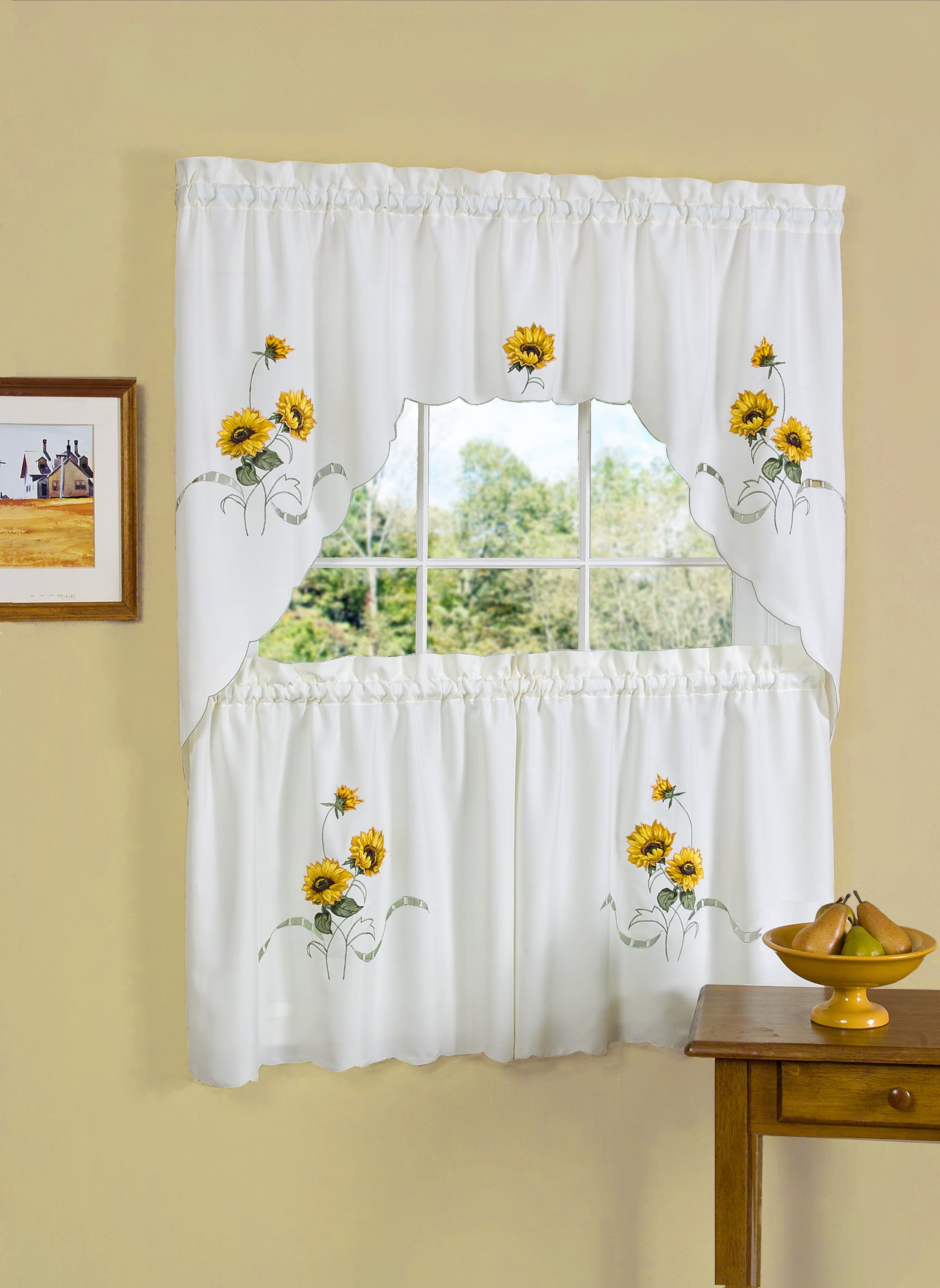 Woven Trends 3-Piece Kitchen Curtain Set, Sunflower Kitchen Curtain, Cafe Curtain with Swag and Tier Window Curtain Set, Perfect Window Treatment for Living Room, Bedroom and Kitchen, 58 x 24