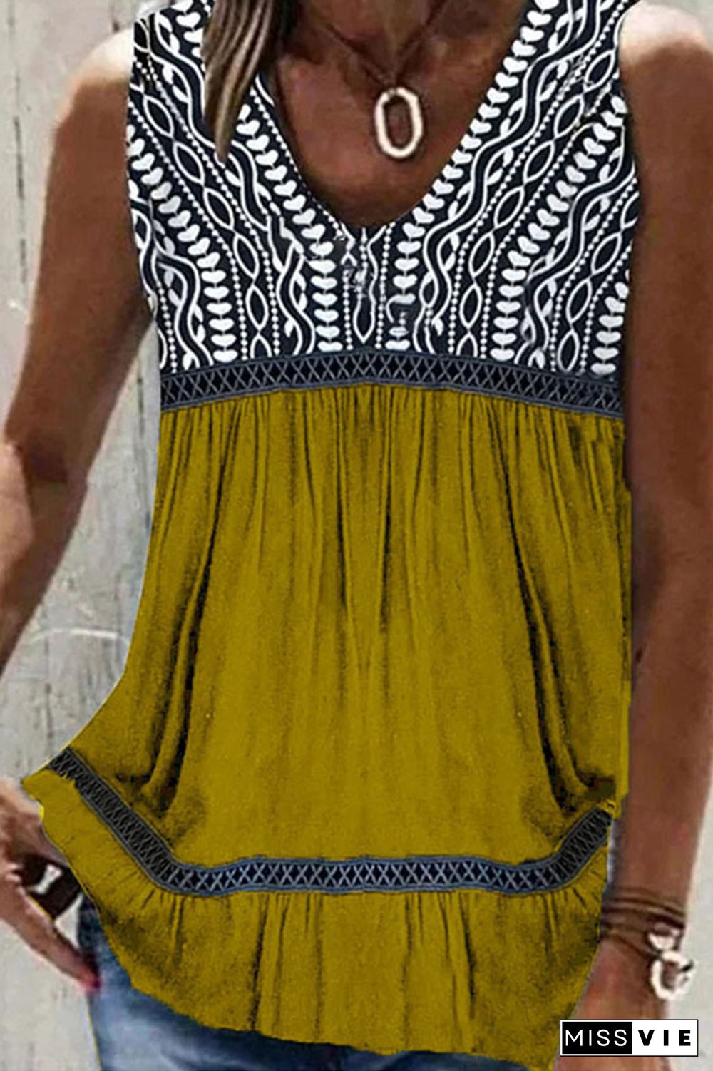 V Neck Color Block Printed Tank Top