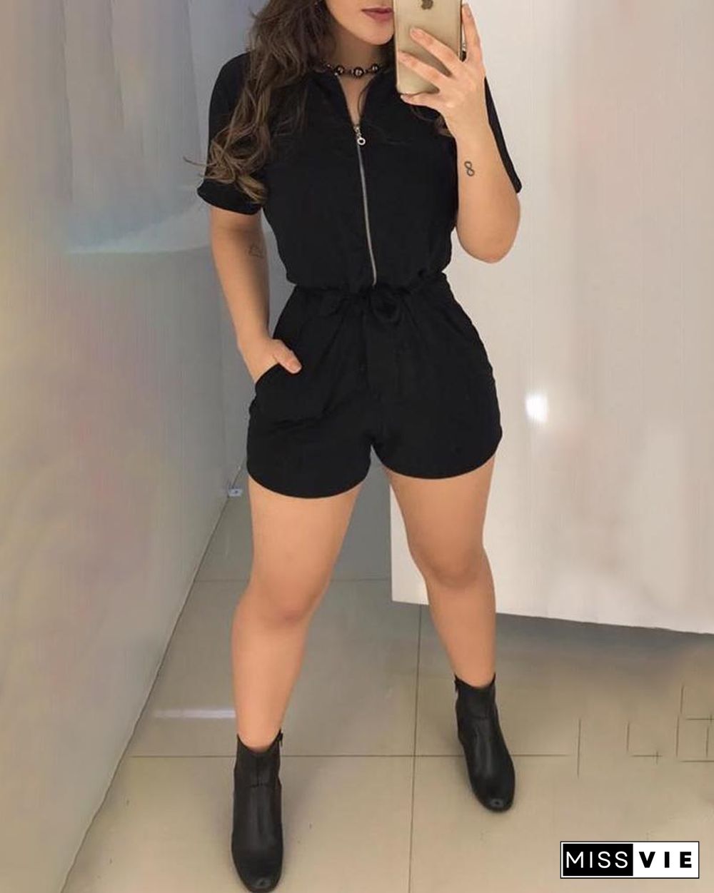 Short Sleeve Zipper Design Romper