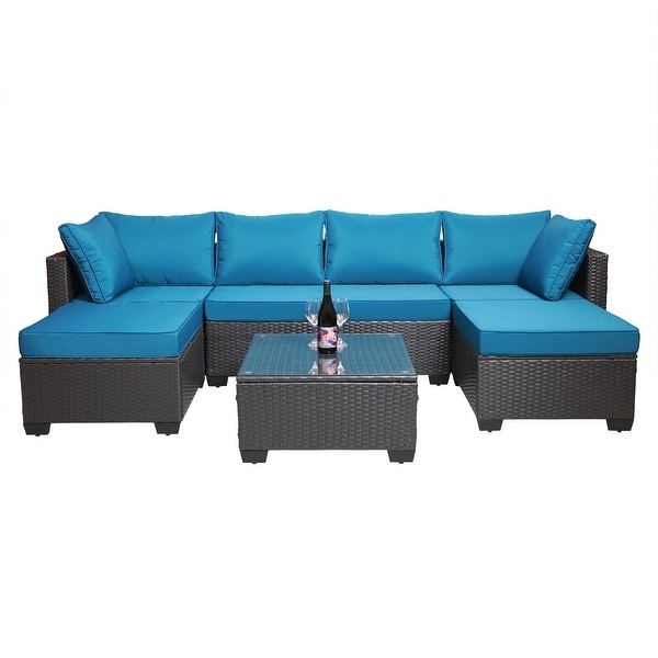 7Piece Rattan Sectional Sofa Set with Cushions and Table