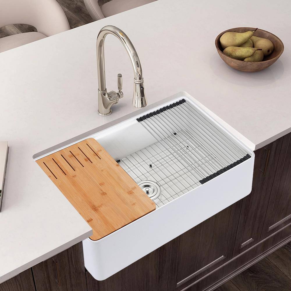 Maincraft White Fireclay 30 in. Single Bowl Farmhouse Apron Workstation Kitchen Sink with Bottom Grid HK12-2567036