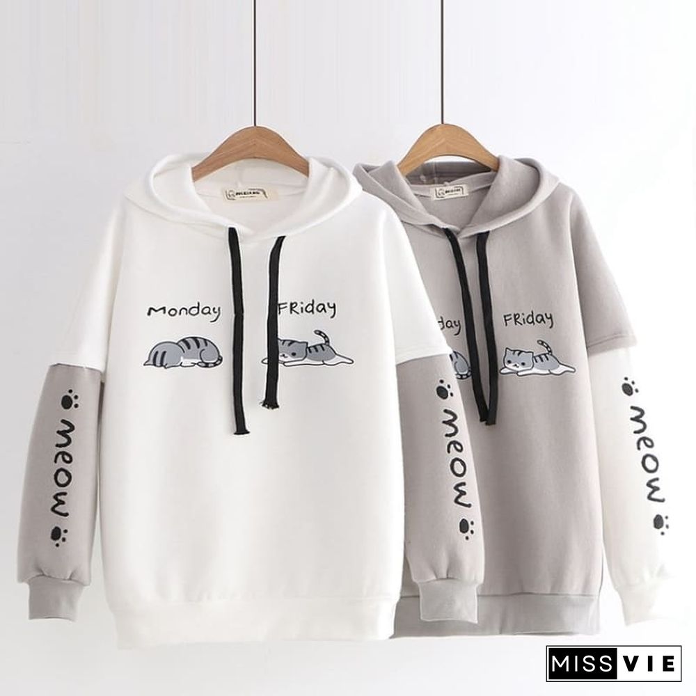 Japanese Style Letter kitty Print Colorblock Sweatshirt